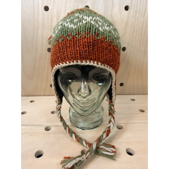 D&Y 100% Wool Knit Earflap Beanie Hat Fleece Lined Nepal Orange Green Nordic - Picture 3 of 12